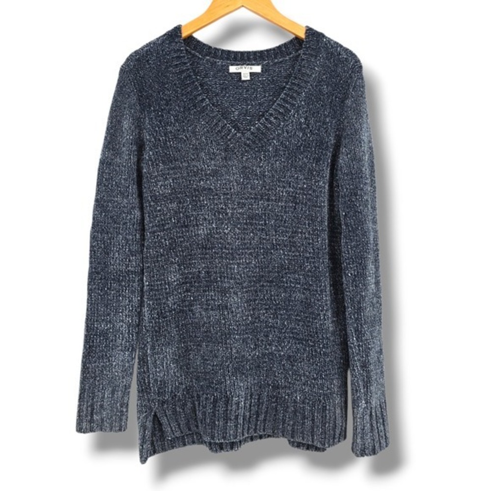 ORVIS V Neck Chenille Sweater‎ Womens Size Small Blue Speckled Long Sleeve Cozy